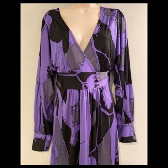 TIBI SILK V-NECK BOLD PRINT PURPLE BLACK DRESS M - Picture 6 of 14